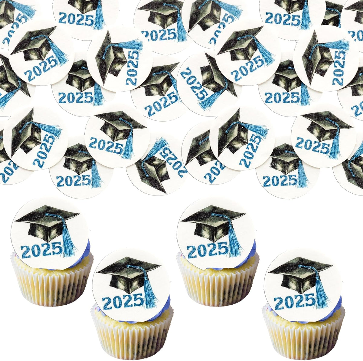 Gyufise 48Pcs Edible 2025 Graduation Cap Cupcake Toppers Wafer Paper Class of 2025 Grad Cap Cupcake Picks for 2025 Graduation Theme Party Cake