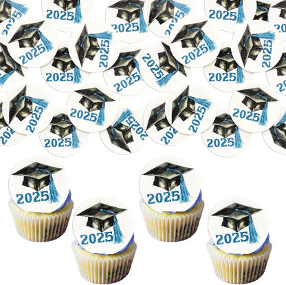 Gyufise 48Pcs Edible 2025 Graduation Cap Cupcake Toppers Wafer Paper Class of 2025 Grad Cap Cupcake Picks for 2025 Graduation Theme Party Cake