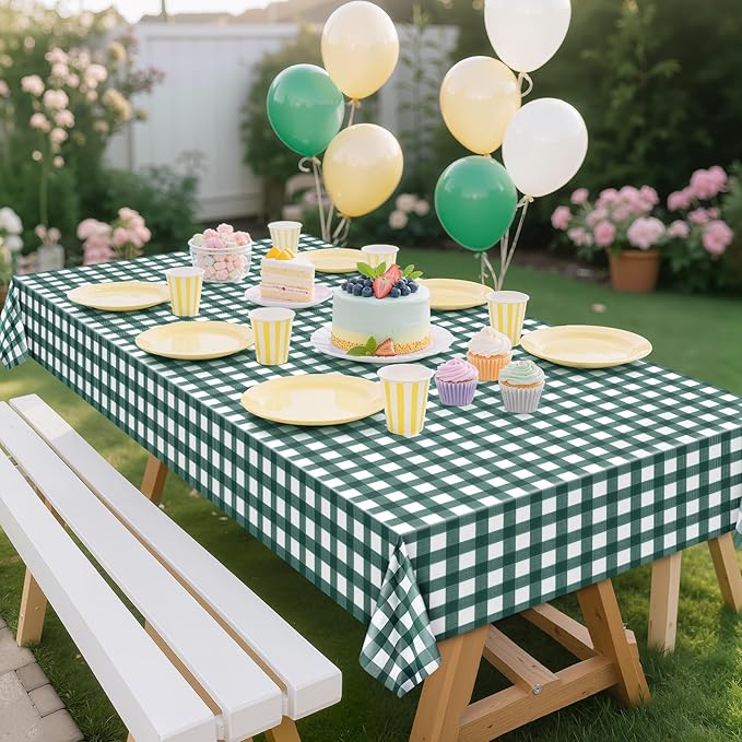 4 Pack Sage Green Striped Gingham Tablecloths, 54 x 108 Inch Disposable Plastic Rectangle Table Covers, Waterproof Checkered Sage Green Table Cloths for Picnic, Birthday, Party, Outdoor Events