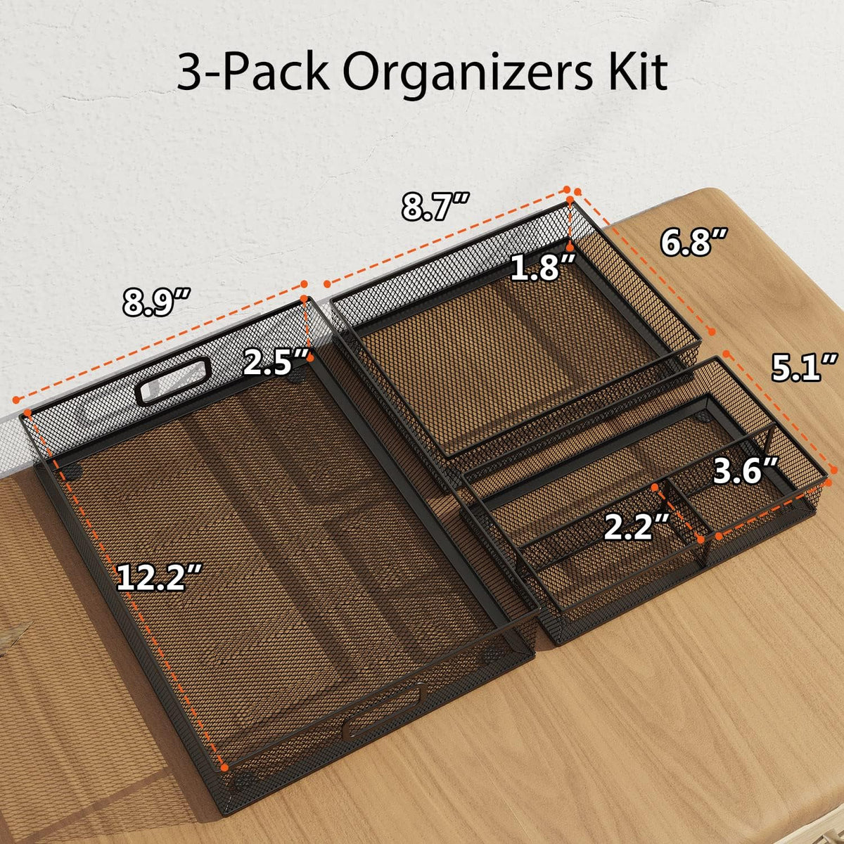 Desk Drawer Organizer Set, 3 Pcs Metal Mesh Office Drawer Organizers, Paper Organizer Letter Tray for Desk, Junk Drawer Organizer for Office, Kitchen, Makeup, Vanity