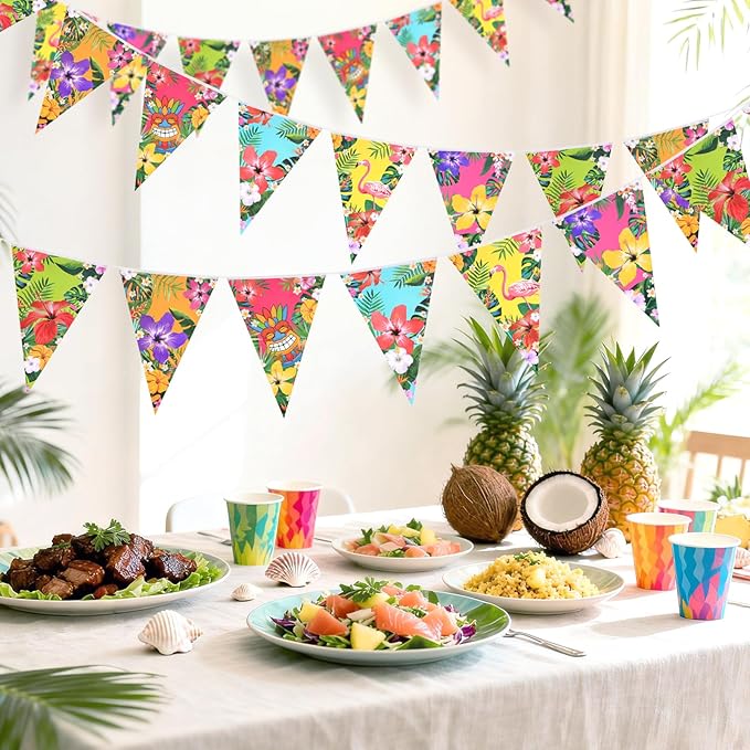 jijAcraft 4 Pack Hawaiian Bunting Banners - Pre-strung Tropical Flowers Triangle Pennant Banner with Flamingo, Floral Luau Party Decor for Hawaiian Tropical Pool Summer Tiki Beach Aloha Party Decor