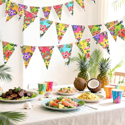 jijAcraft 4 Pack Hawaiian Bunting Banners - Pre-strung Tropical Flowers Triangle Pennant Banner with Flamingo, Floral Luau Party Decor for Hawaiian Tropical Pool Summer Tiki Beach Aloha Party Decor