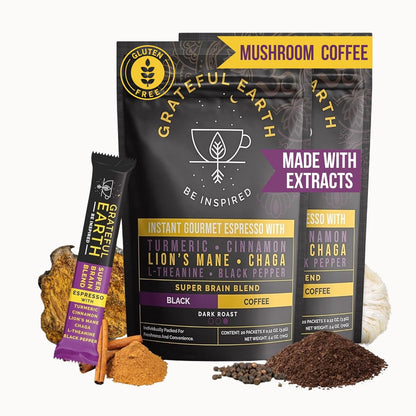 Grateful Earth Instant Espresso Coffee With Lion's Mane, 2 Bags, 40 Ct