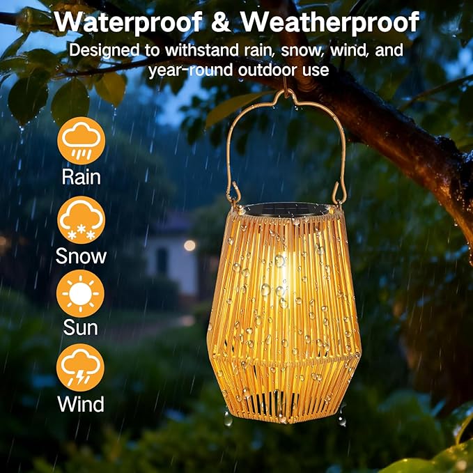 Solar Lanterns Outdoor Waterproof, Hanging Rattan Woven Solar Lights with Auto On/Off, Decorative Gifts for Mom Garden, Yard, Patio, Tree, Porch, Lawn, Pathway & Outside Tabletop Decor