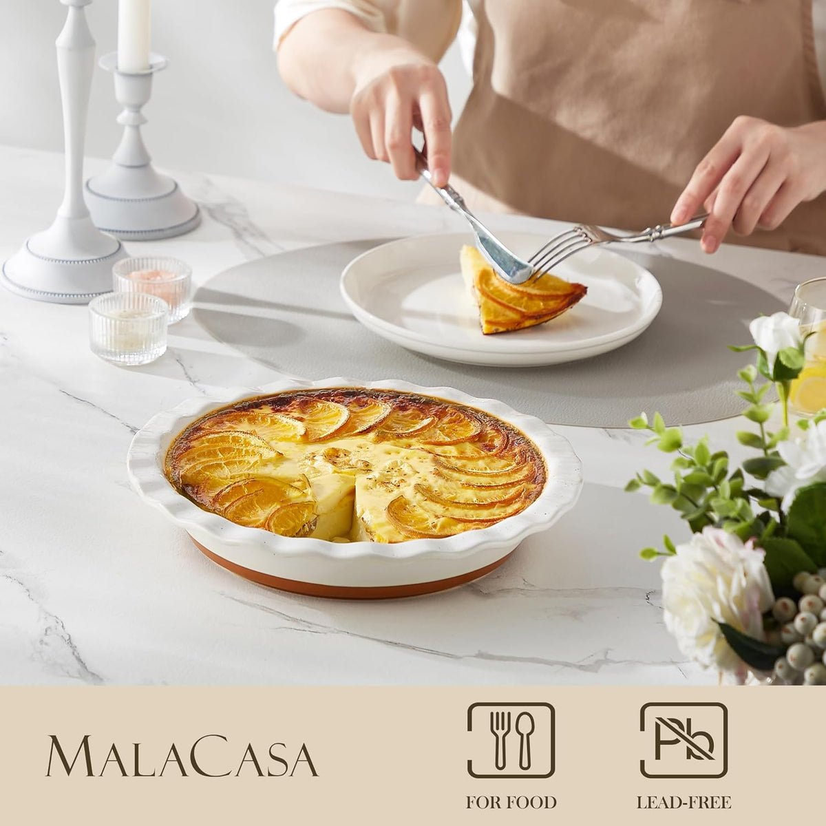 MALACASA Ceramic Pie Pan for Baking - 9 inch Pie Plate, Quiche Baking Dish