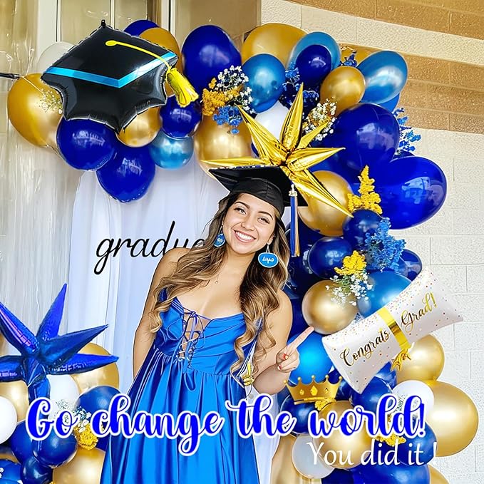 Royal Blue and gold Graduation Balloon Garland Kit with Gaduation cap diploma and explosion star foil balloons for Luxurious Graduation Party Decorations the Class of 2026 supplies