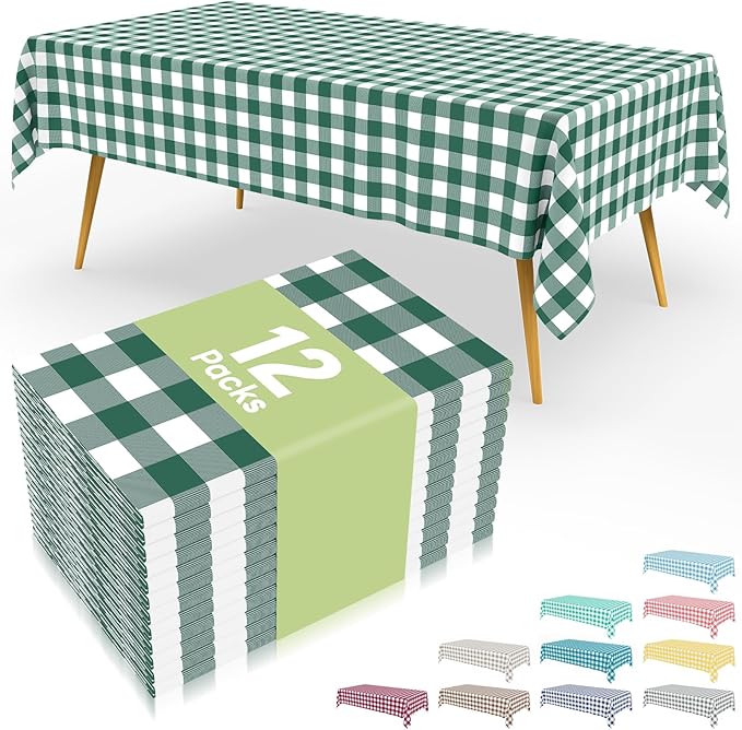 Smiry 12 Packs Gingham Disposable Table Cloth, 54 x 108 Inch Waterproof Plastic Tablecloth, Rectangle Hunter Green and White Checkered Table Covers for Picnic, Birthday, Party