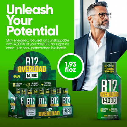 B12 Overload Extra Strength Energy Shot – Grape – 260mg Caffeine, 14000% B12, Electrolytes – Energy & Vitality Support – Zero Sugar No Calories – Vegan, Kosher, Gluten-Free – 1.93 fl oz, 24-Pack