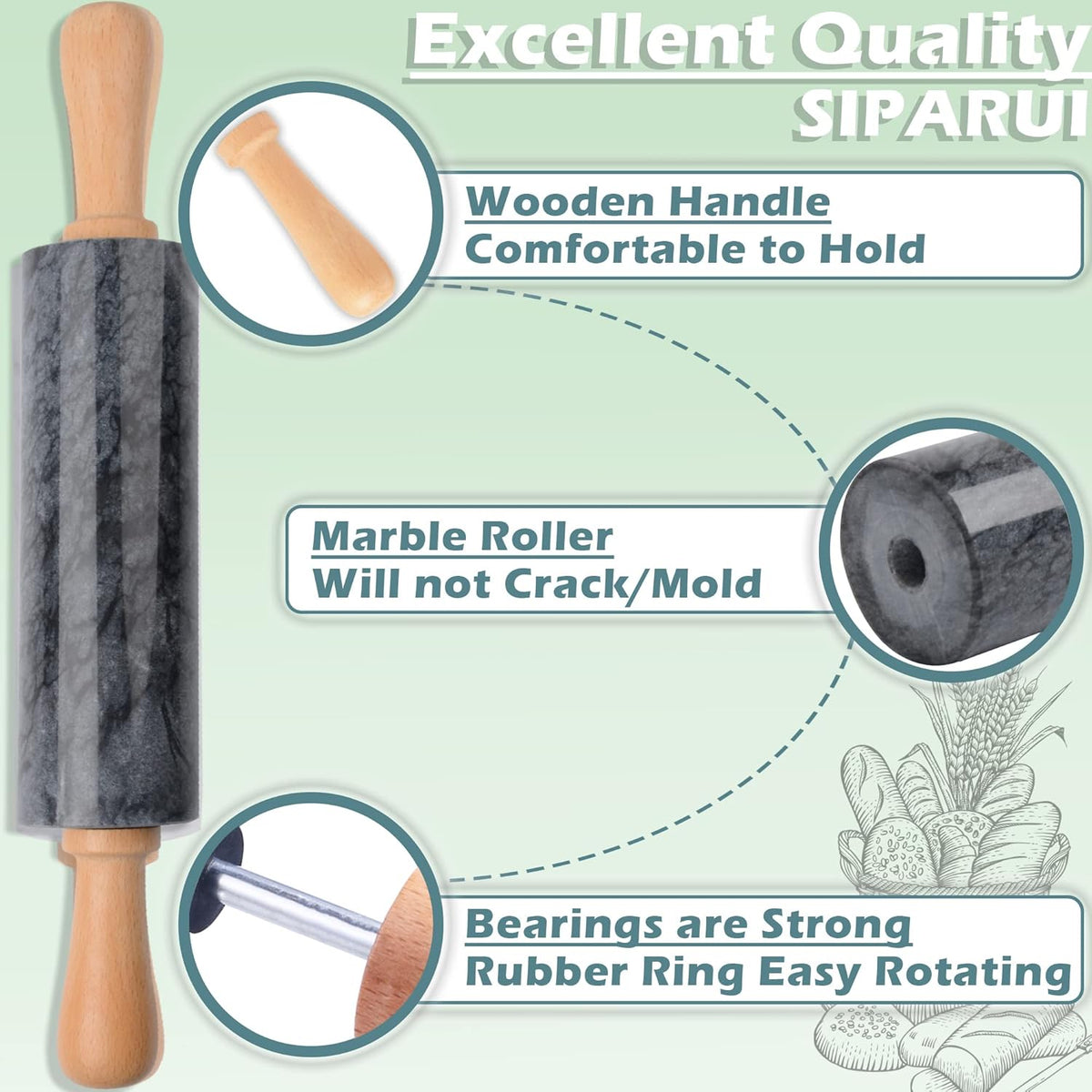 Marble Rolling Pin with Wooden Cradle Thick Handle Set for Baking,18.5 inch Premium Quality Polished Roller for Pizza Dough,Fondant,Pie Crust