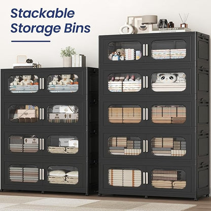 200Gal Exra Large Stackable Storage Bins with Lid, 800QT Collapsible Storage Box with 6x Wheels, Folding Plastic Cabinet Container with Door Drawer for Home Kitchen Office Dorm, 4Pack Black