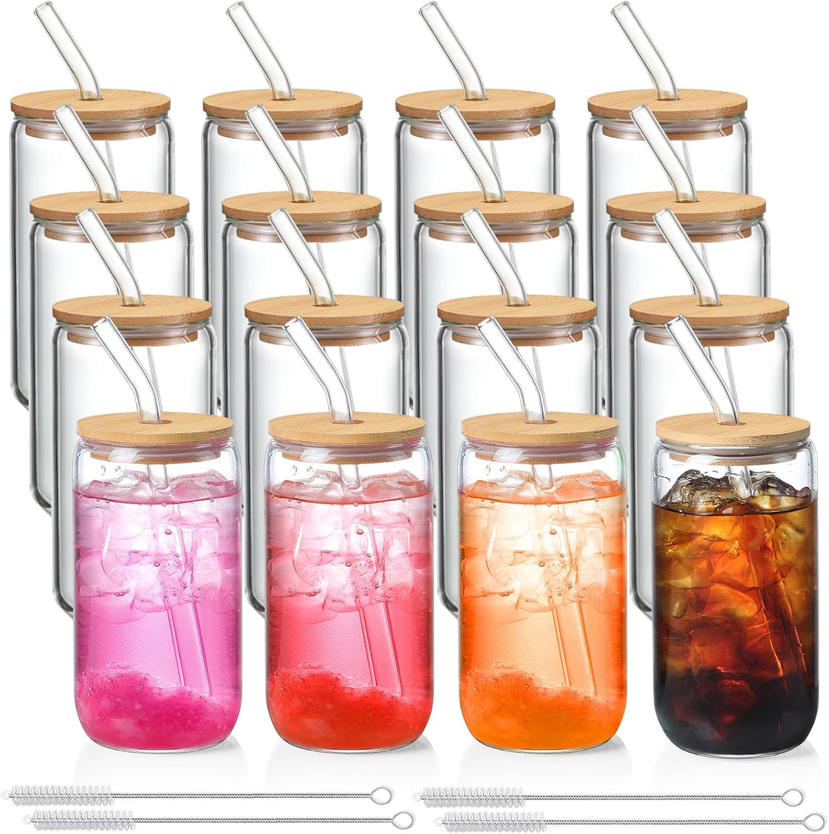 Netany 16 Pack Glass Cups with Lids and Straws 16 oz, Personalized Customizable Glasses for Gift, Business, Drinking glasses set, Iced Coffee Cup