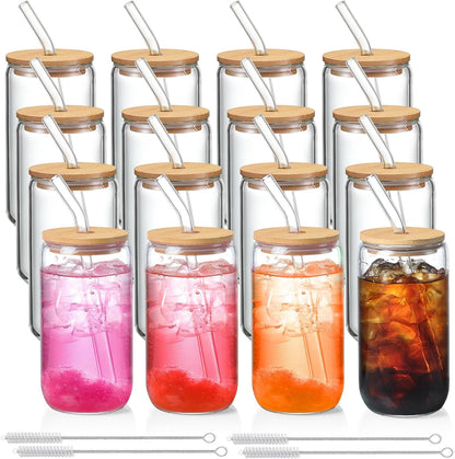 Netany 16 Pack Glass Cups with Lids and Straws 16 oz, Personalized Customizable Glasses for Gift, Business, Drinking glasses set, Iced Coffee Cup