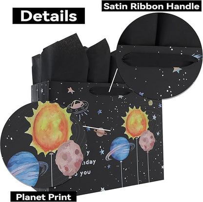 Qirrmiy 13” Large Space Birthday Gift Bag Set with Handles, Greeting Card, Black Tissue Papers and Stickers for Boys Teens for Baby Child, Kids‘ Birthday Party, Newborn, 1 Pcs