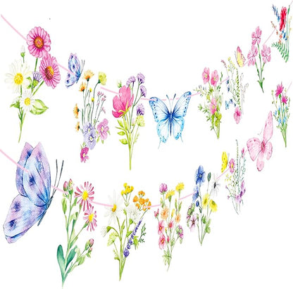 Wildflower Party Banners 2PCS Wildflower Birthday Party Supplies Spring Floral Party Decorations Wildflowers Themed Cutout Banner for Girl Women Garden Themed Decor