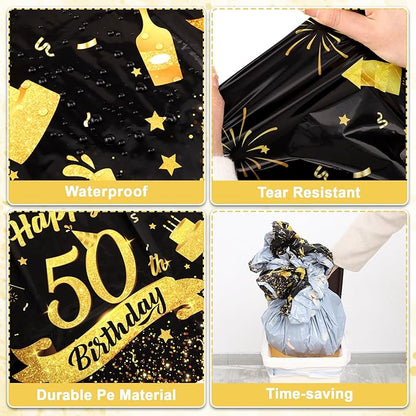 NatNarr 3 Pack 50th Birthday Plastic Tablecloth, 54x108 Inch Black Gold Disposable Rectangle Table Cover Waterproof Table Cloth for Birthday 50 Anniversary Party Supplies