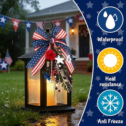 Patriotic Lanterns Decorative Indoor, 14" Black Lantern with Timer Flameless Candle, Battery Operated Waterproof Outdoor Hanging 4th of July Lanterns for Porch, Patio, Patriotic Decorations