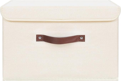 ANMINY 4PCS Storage Bins with Lid PU Leather Handles Storage Boxes PP Plastic Board Decorative Foldable Lidded Cotton Linen Fabric Home Cubes Baskets Closet Organizer Containers - Beige, Large Size