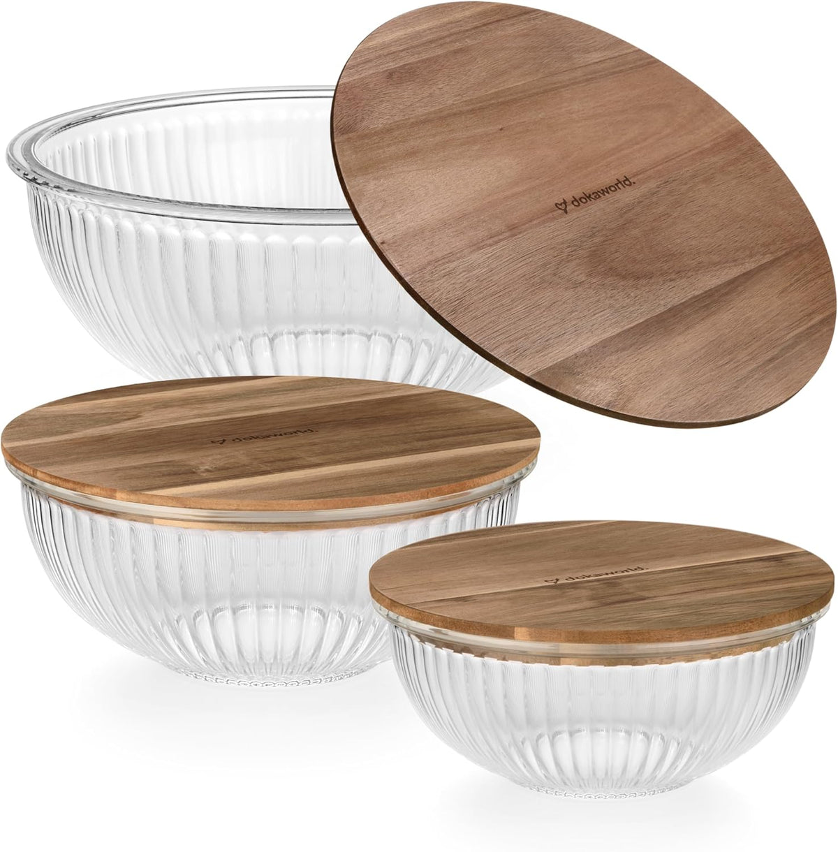 Set of 3 Stackable Space-Saving Nesting Glass Salad Bowls with Acacia Lids for Foodprep, Storage, Baking, Mixing & Cooking
