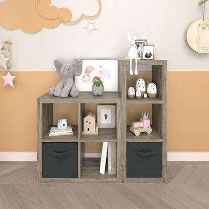 4 Cube Organizer, Cube Storage Organizer with Fabric Bin, Cube Storage Shelf for Bedroom, Living Room, Office, Modular Bookshelf Organizer for Books, Closet, Gray Oak