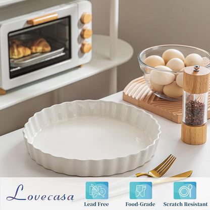 Lovecasa Porcelain Quiche Baking Dish,10 Inch Reusable Pie Pan Quiche Pan, Non-Stick Round Pie Dish, Tart Pan with Ruffled Edge,Pie Pan for Pies