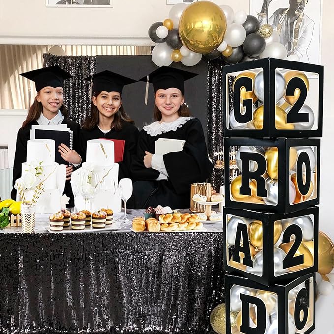 2026 Graduation Decorations - 4Pcs Black Balloon Boxes with Letters 2026&Grad for Preschool Kindergarten Middle High School College Graduation Party Decorations Class of 2026