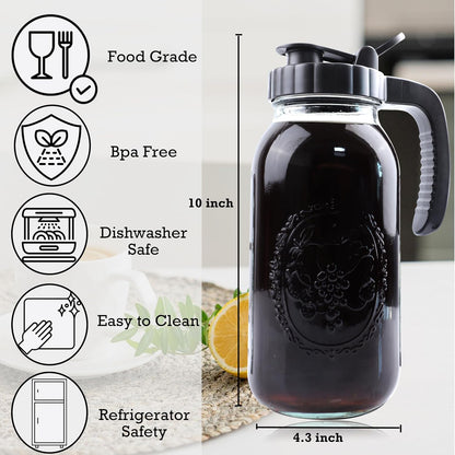 Cold Brew Coffee Maker Pitcher 2 Quart Glass Mason Jar With Spout Lid Filter Half Gallon Wide Mouth Iced Tea Brewing Jug Heavy Duty Handle Airtight &amp; Leak-Proof Pitcher For Fridge Sun Tea 64 OZ