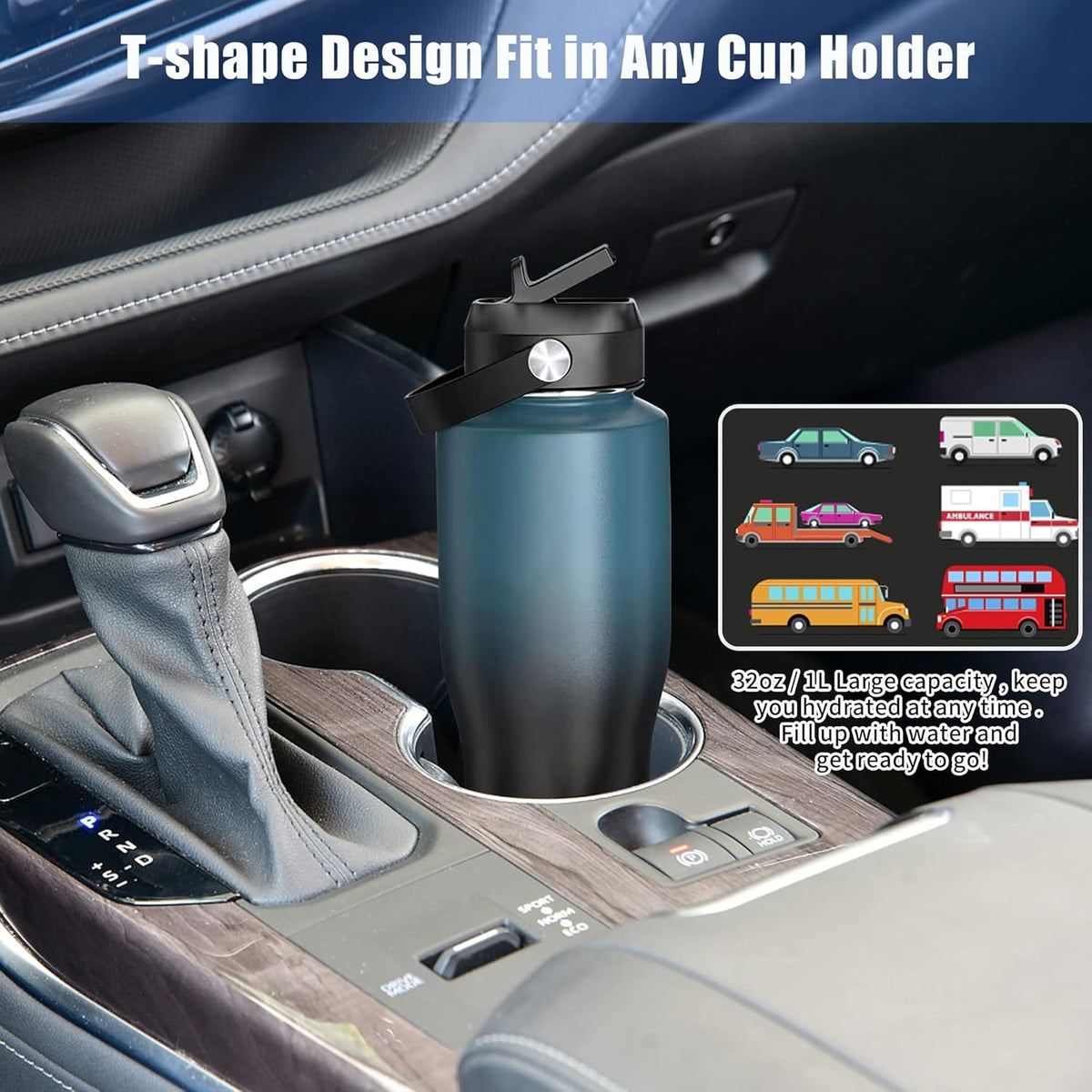 Hydrowion Vacuum Insulated Water Bottle, 40 oz Water Bottle fits in Car Cup Holder (Cold 48 hrs, Hot 24 hrs),Insulated Drinking Bottle with Straw Lid