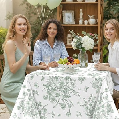 3 Pack Sage Green Floral Plastic Tablecloths, 54 X 108Inch Tea Party Tablecloth Disposable Table Cloths Green and White Porcelain Tables Decor for Garden Wedding Tea Party Birthday Baby Bridal Shower