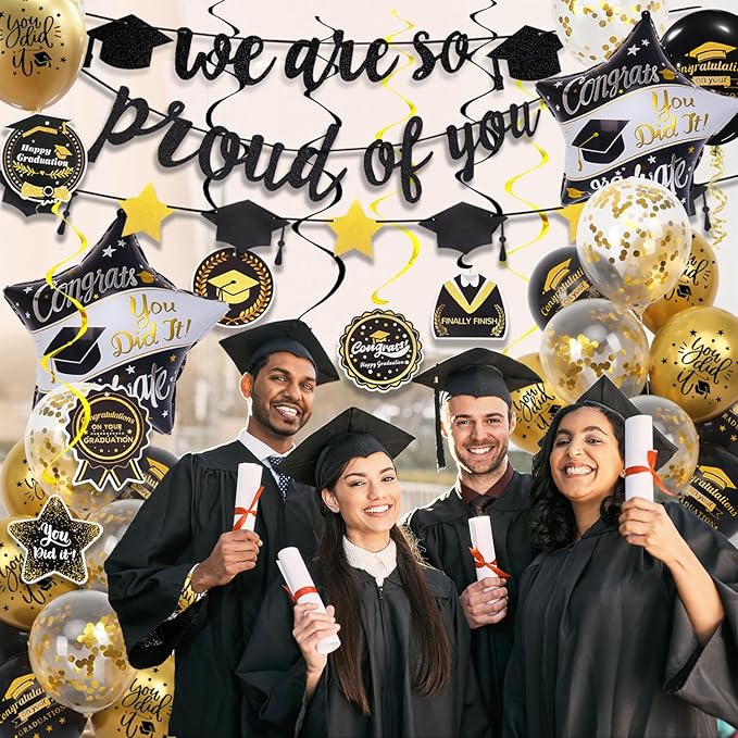 Graduation Decorations Class of 2026, Black and Gold Graduation Balloons with Hanging Swirl, We are So Proud of You Banner, Congrats Grad Garland Party Supplies