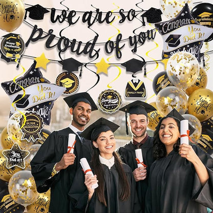 Graduation Decorations Class of 2026, Black and Gold Graduation Balloons with Hanging Swirl, We are So Proud of You Banner, Congrats Grad Garland Party Supplies