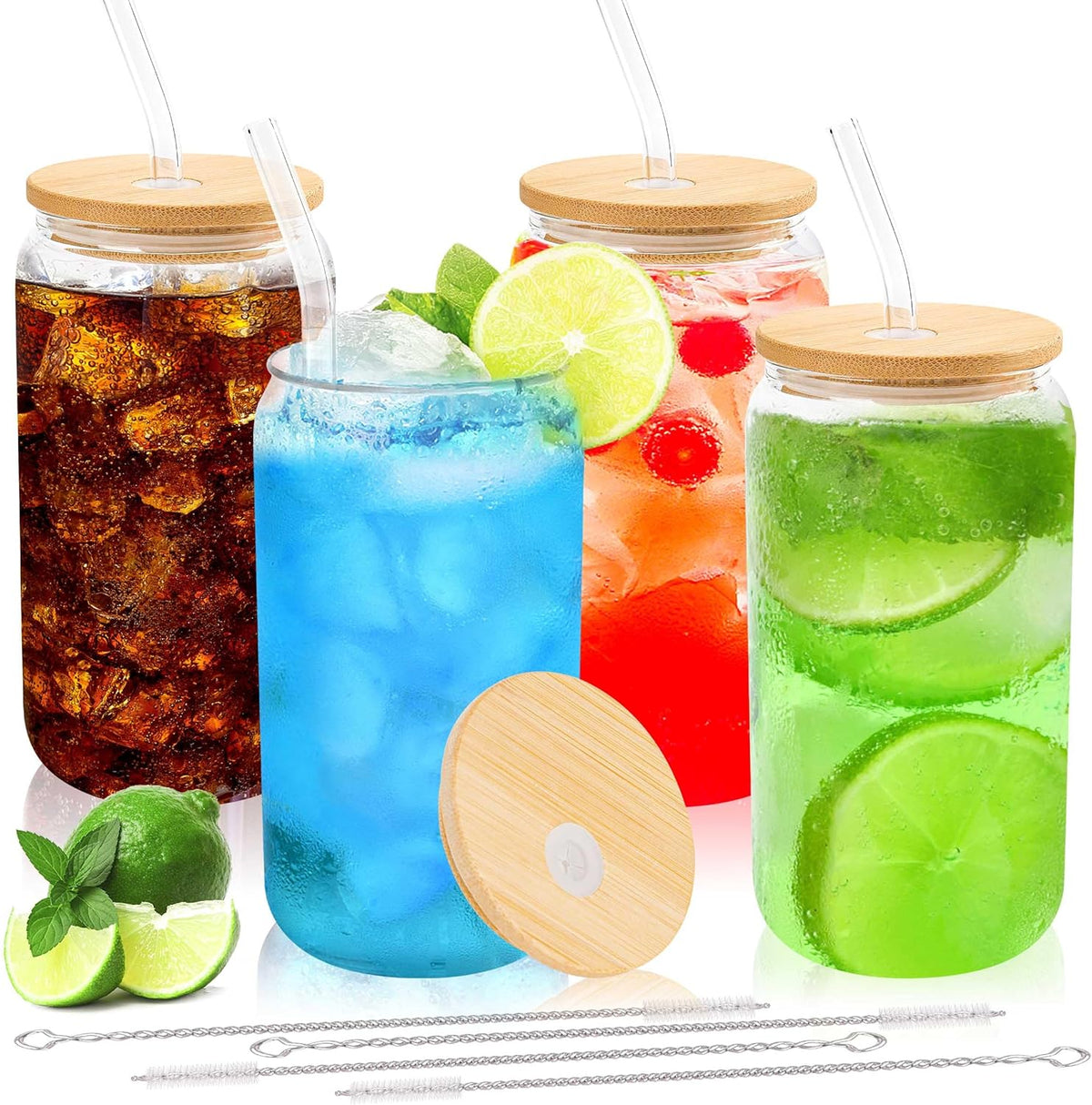 Joyclub Glass Cups with Bamboo Lids and Straws 4 Set 16 oz Reusable Iced Coffee Cup Beer Can Drinking Jars for Smoothie Whiskey Boba Soda Tea Gift