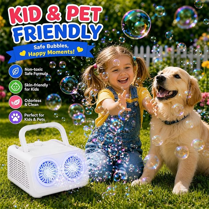 Bubble Machine with Dual Fans, 20,000+ Bubbles Per Minute, USB-C or AA Battery Powered,Leak-Proof Sealed Bottle,Portable Bubble Maker for Birthday Party Pool Wedding Outdoor