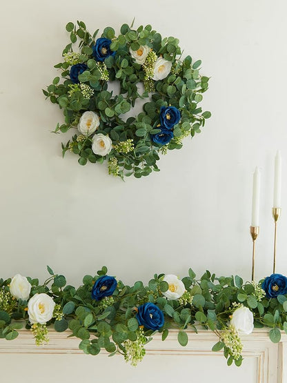 PARTY JOY 6.56ft Eucalyptus Garland with Flowers-8 Blue White Roses, Artificial Fake Flowers Greenery Garland Floral Vines for Decoration Party Wedding Table Indoor Outdoor Backdrop Wall Decor
