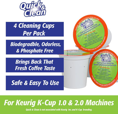 Quick & Clean 4-Pack of Cleaning Cups + 2 Filters with Descaler Bundle (2 Total Uses) - 2.0 Compatible, Descaling Solution for Keurig, Nespresso