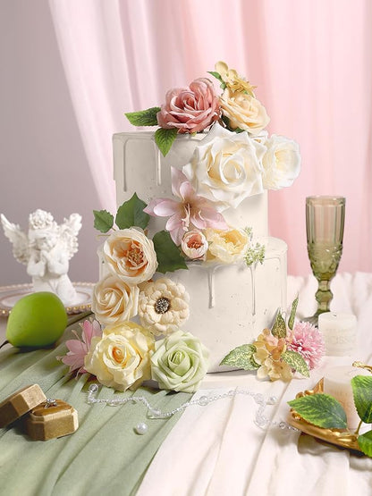 Artificial Flowers, Yellow Green Silk Fake Flowers for DIY Wedding Bridal Bouquets, Wedding Cake Flowers for Table Centerpieces Baby Shower Birthday Party Home Decorations