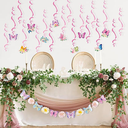 SUNBEAUTY 22PCS Butterfly Birthday Party Decorations Pre-strung Birthday Banner Garland for Women & Girls Colorful Butterfly Hanging Swirls Decorations Summer Themed Ceiling Decor for Kids Bday party