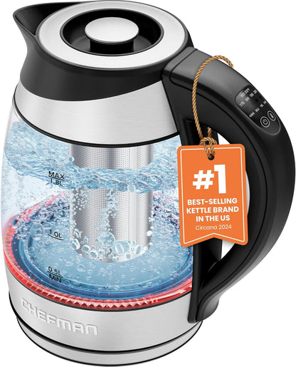 Chefman Electric Kettle with Temperature Control, 5 Presets LED Indicator Lights, Removable Tea Infuser, Glass Tea Kettle & Hot Water Boiler