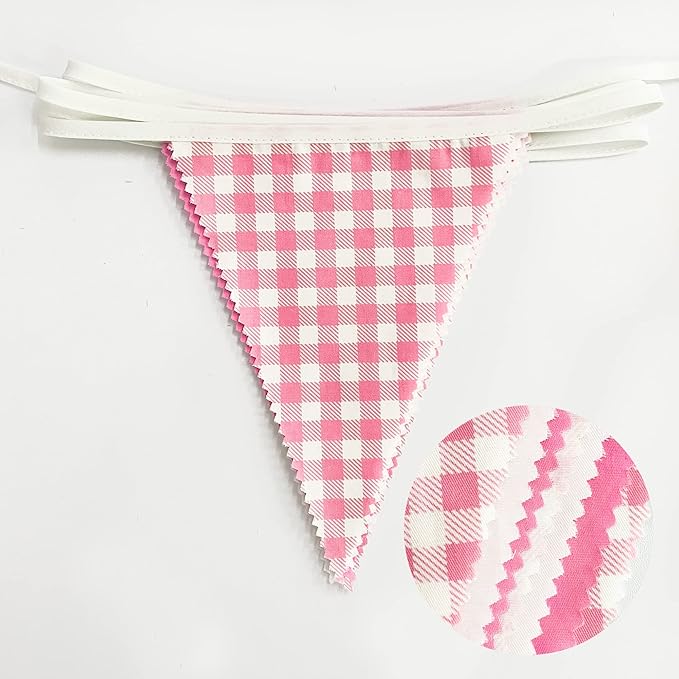 32Ft Hot Pink Plaid Checkered Pennant Banner Fabric Gingham Triangle Flag Bunting Garland Streamers for Wedding Birthday Baby Shower Party Home Nursery Outdoor Garden Hanging Festivals Decoration