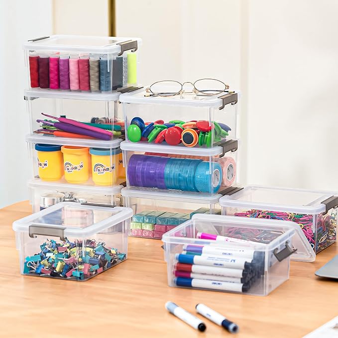 8 Packs Small Storage Bins 1.3 QT Plastic Storage Container Stackable Box with Lids for Organizing, Clear White
