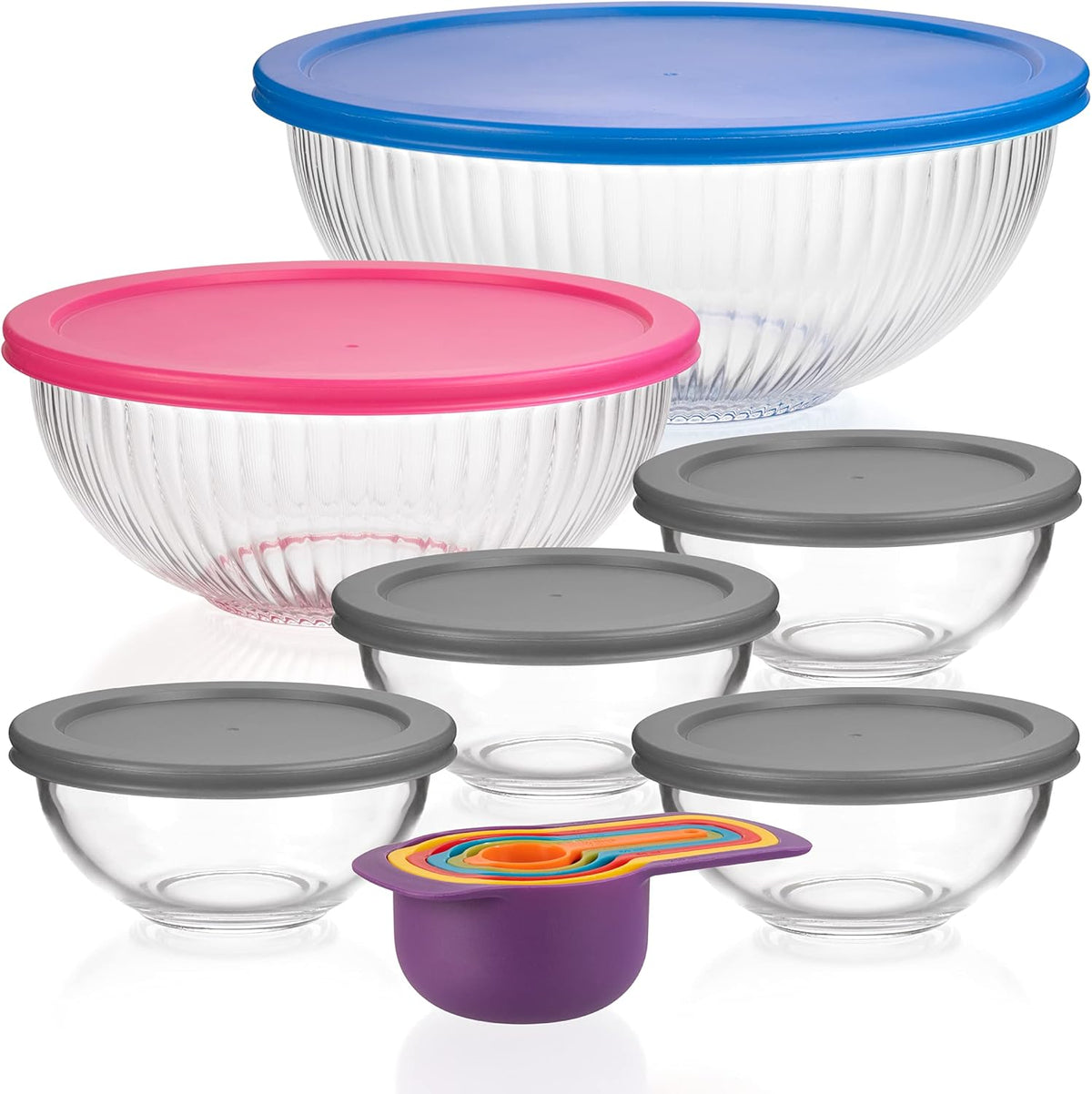 Set of 6 Stackable Space-Saving Nesting Glass Bowls | with BPA Free Lids for Foodprep, Storage, Baking, Mixing &amp; Cooking, Microwave Safe - Durable Inert Borosilicate Glass