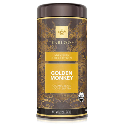 Teabloom Organic Golden Monkey Loose Leaf Tea, USDA Certified Organic Black Tea, Lingering Aroma with Smooth and Malty Flavor, 2.12 Ounce Loose Leaf Tea Canister Makes 35-50 Cups