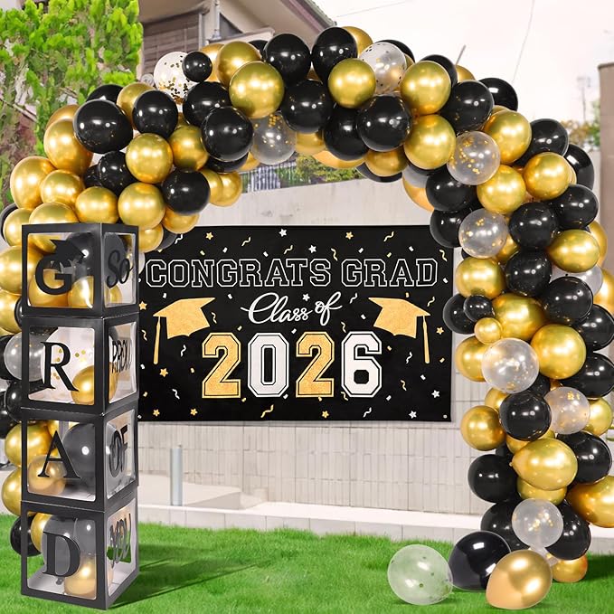 Picoway Graduation Decorations Class of 2026 ,Black and Gold Graduation Party Decorations include 4 Pcs Balloons Boxes with Letters, 110 Pcs Balloon Arch Kit and Banner backdrop for Party Favors Decor