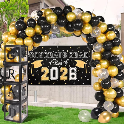 Picoway Graduation Decorations Class of 2026 ,Black and Gold Graduation Party Decorations include 4 Pcs Balloons Boxes with Letters, 110 Pcs Balloon Arch Kit and Banner backdrop for Party Favors Decor