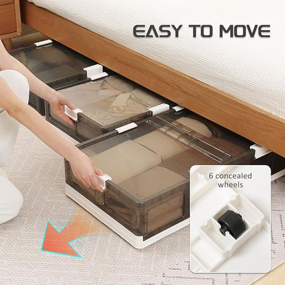 Under Bed Storage Containers with Wheels - Stackable, Foldable Plastic Storage Boxes with Lids for Clothes, Shoes, Blankets - Perfect for Bedroom Organization and Dorms (2 Pack-25.2''x16.5''x7.1'')