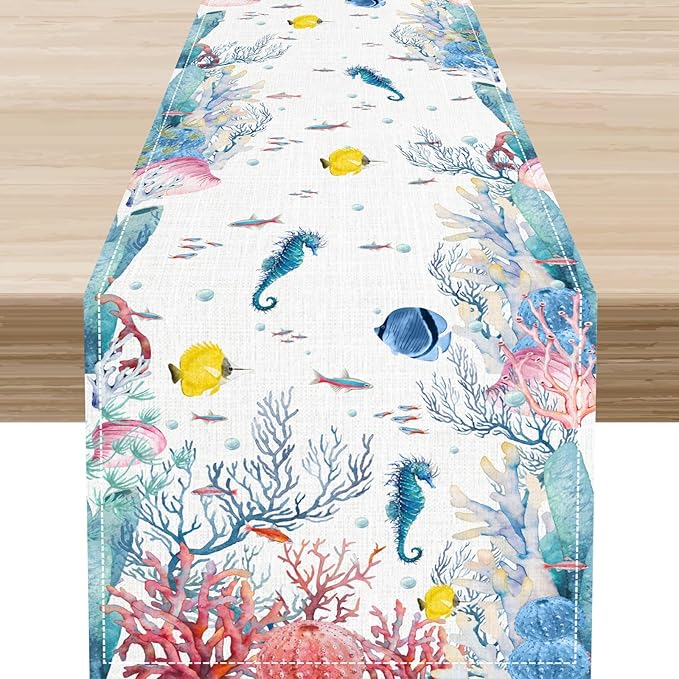 Nautical Table Runner, Summer Coastal Starfish Seahorse Seashells Coral Tropical Ocean Beach Colorful Farmhouse Coffee Table Center Decor for Home Kitchen Dining Patio Indoor Outdoor, 13"x90" Inch