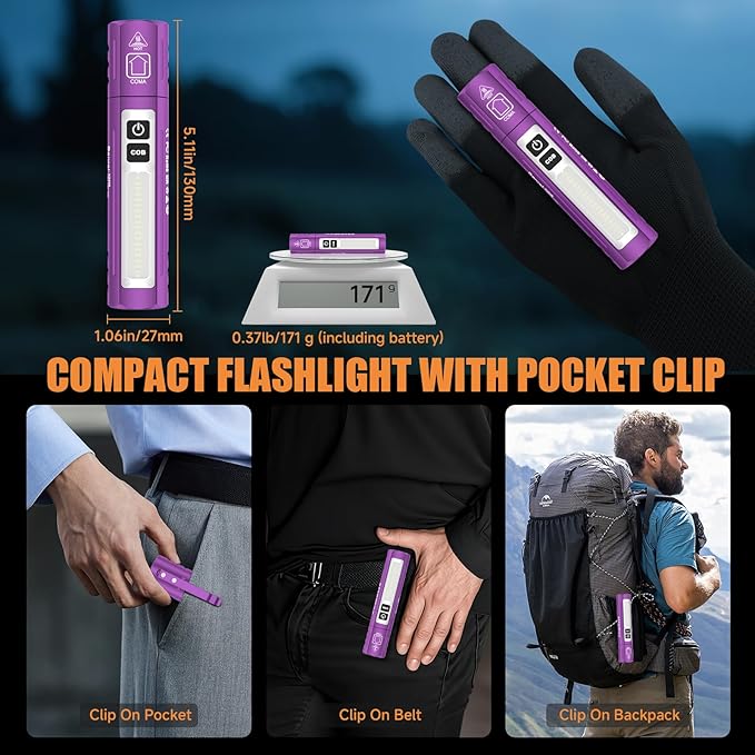 Banral Rechargeable Tactical Flashlights High Lumens - Super Bright Small Powerful LED Magnetic USB C Flashlight, 8 Modes, Dual Button Waterproof Pocket Flash Light for Emergency, Car (2, Purple)