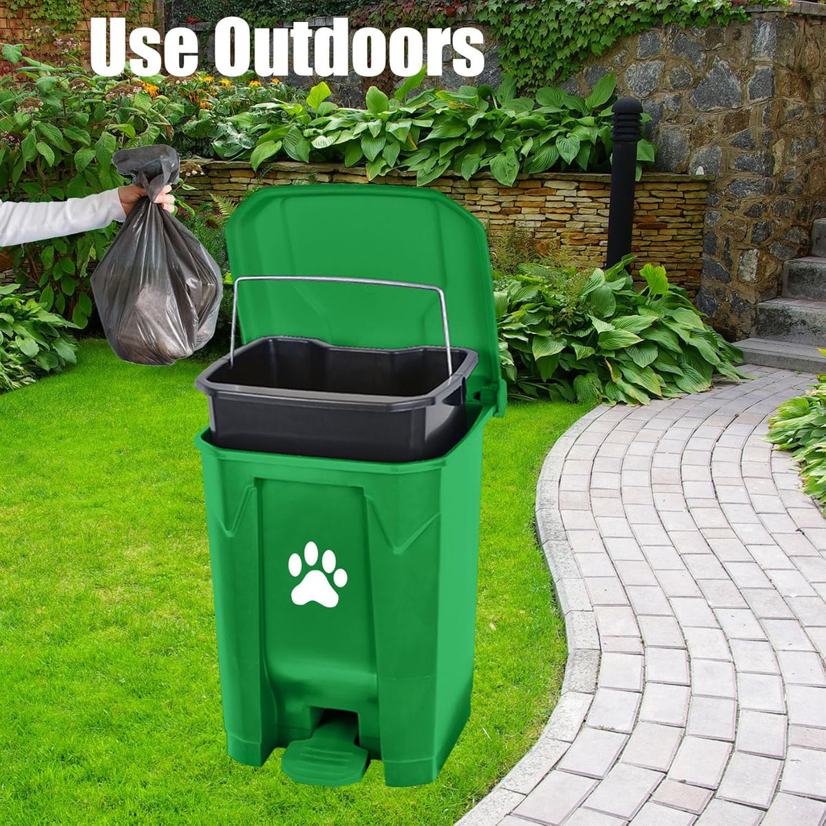 Outdoor Dog Poop Trash Can, Dog Waste Trash Can Pooper Scooper for Yard Garden Kitchen with Lid, Pedal, Removable Inner Bin, Large Waste Bag, Green (Fully Assembled)