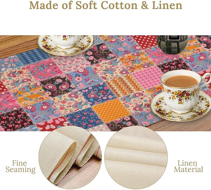 Patchwork Floral Table Runner, Patch Boho Flowers Country Wildflowers Rustic Splicing Design Pattern Table Runner for Farmhouse Kitchen Dining Home Party 13x36in