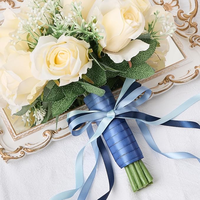 3/8 Inch Dusty Blue Satin Ribbon, 4 Rolls Total 40 Yards, Double Faced Mixed Blue Thin Fabric Ribbon for Gift Wrapping, Flower Bouquets, Crafts, Wedding, Father's Day Decorations