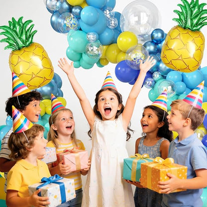 Amandir 165Pcs Cartoon Blue and Yellow Balloons Arch Garland Kit, Teal Metallic Blue Yellow Flower Printed Clear Pineapple Balloons for Cartoon Birthday Shower Ocean Sea Party Backdrop Decorations